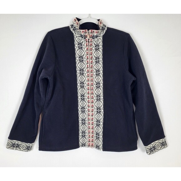 LL Bean Nordic Snowflake Fleece Jacket Full Zip Womens Medium Black - Picture 1 of 5